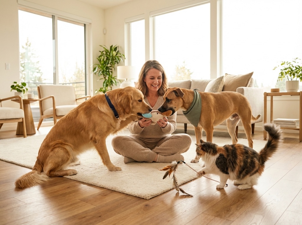 Pet caregiver with happy dogs and cats