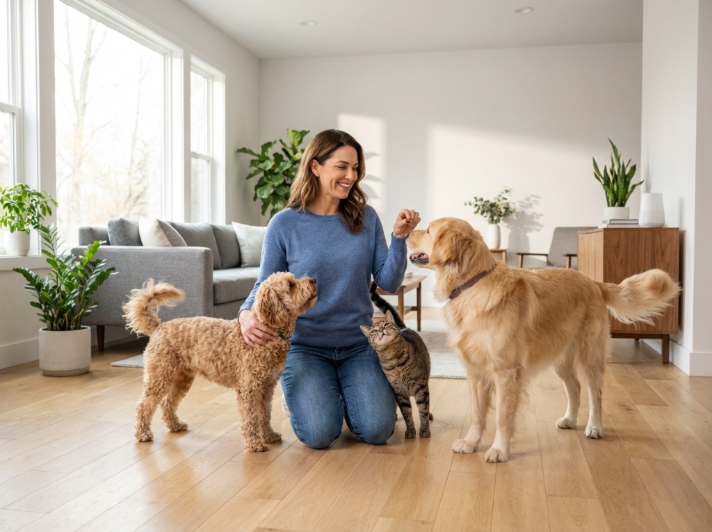 Happy pet with caregiver at home