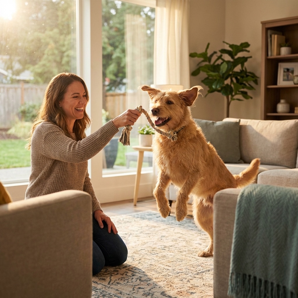 Pet sitter playing with dog